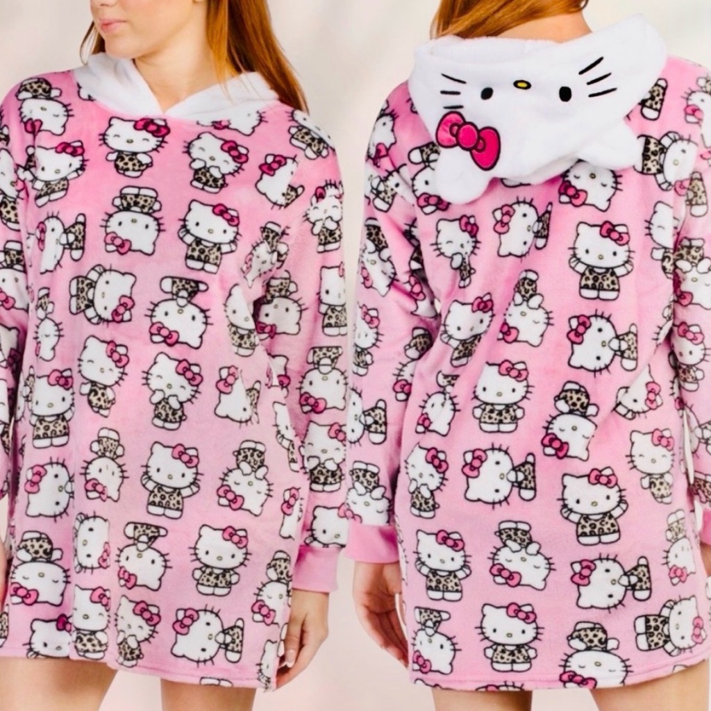 Hello Kitty Pink & White Hoodie Nightdress | Cozy Plush Sleepwear M | Nwt